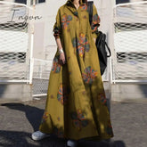 Ingvn - Summer Stylish Women Vintage Long Sleeve Loose Sundress Casual Maxi Dress Kaftan Femme
