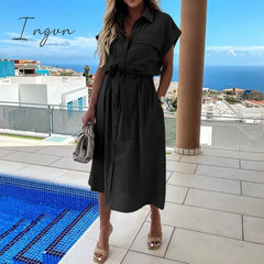 Ingvn - Summer Sundress Women Elegant Dress Plus Size Short Sleeve Casual Loose Buttons High Waist