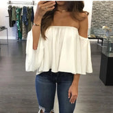 Ingvn - Summer T-Shirt Women Fashion Sexy Chiffon Off Shoulder Shirts Strapless Short Sleeve Beach