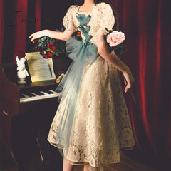 Ingvn - Summer Vintage Dress Bowknot A - Line Elegant Lace French Fairy Female Square Collar One