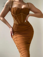 Ingvn - Summer Woman Dress Ruched Maxi Bodycon Mesh Sexy Stretchy Spaghetti Strap Dresses Elegant