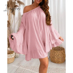 Ingvn - Summer Women Bell Sleeve Ruffle Hem Dress Slash Neck Mini A Line Sweet Dresses Oversized