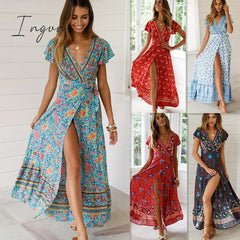 Ingvn - Summer Women Dress Indie Folk Sexy Printed Bow Holiday Beach Wrap Dresses V - Neck Boho