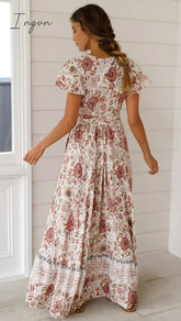 Ingvn - Summer Women Dress Indie Folk Sexy Printed Bow Holiday Beach Wrap Dresses V - Neck Boho