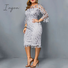 Ingvn - Summer Women Lace Slim Patchwork Party Dress Office Ladies Round Neck Flare Sleeve Stretch