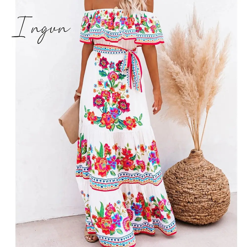 Ingvn - Summer Women’s Dress White Floral Off The Shoulder Long Female Streetwear Casual Elegant