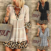 Ingvn - Summer Women’s Fashion Leopard Print Stitching Cotton And Linen Dress Loose Casual