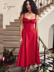 Ingvn - Suninheart Elegant A Line Midi Dress Sexy Spaghetti Strap Lace Up Red Holiday Party Dresses