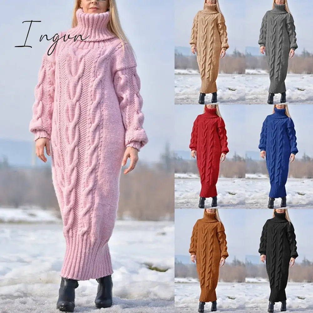 Ingvn - Sweater Dress Women Long Sleeve High Neck Knitted Pullover Soft Warm Solid Color Oversize