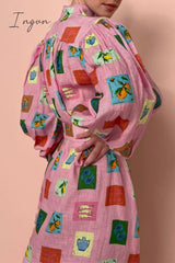 Ingvn - Sweet Elegant Print With Belt Mandarin Collar Printed Dress Dresses Dresses/Casual