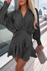 Ingvn - Sweet Elegant Solid Flounce V Neck A Line Dresses Black / S Dresses/Long Sleeve