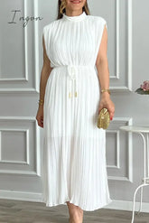 Ingvn - Sweet Solid Patchwork Frenulum Half A Turtleneck Sleeveless Dress Dresses White / S