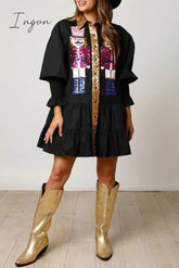 Ingvn - Sweet Solid Sequins Contrast Turndown Collar Long Sleeve Dresses Dresses/Casual
