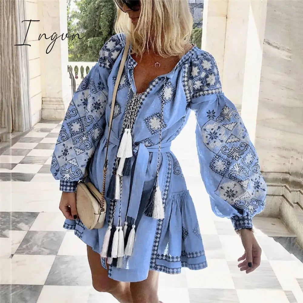 Ingvn - Tassel Sashes Mini Dresses Women Summer Autumn Sexy V - Neck Boho Dress New Bohemian Floral
