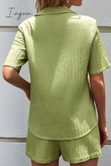 Ingvn - Textured Short Sleeve Shirt And Shorts Set