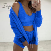 Ingvn - Three Piece Sexy Fluffy Outfits Plush Velvet Hooded Cardigan Coat + Shorts + Crop Top Women