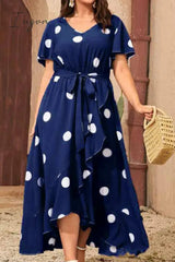 Ingvn - Tibetan Blue Casual Dot Print Patchwork V Neck Short Sleeve Dress Plus Size Dresses Plus