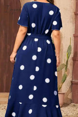 Ingvn - Tibetan Blue Casual Dot Print Patchwork V Neck Short Sleeve Dress Plus Size Dresses Plus