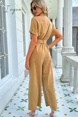 Ingvn - Tie Belt Buttoned Short Sleeve Collared Neck Jumpsuit