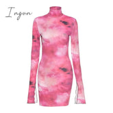 Ingvn - Tie Dye Mock Neck Bodycon Dresses For Women Side Split Ribbed Long Sleeve Clubwear Midnight