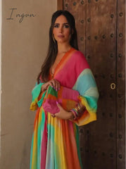 Ingvn - Tie-Dye Print Colorful Batwing Sleeve Women Long Dress V-Neck Lace Up Elastic High Waist