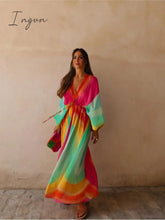 Ingvn - Tie-Dye Print Colorful Batwing Sleeve Women Long Dress V-Neck Lace Up Elastic High Waist