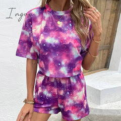 Ingvn - Tie Dye Round Neck Dropped Shoulder Half Sleeve Top And Shorts Set