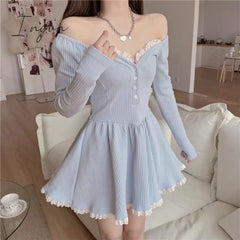 Ingvn - Top Quality Sweet Dresses For Women Summer Lace Trim V - Neck Long Sleeve A - Line Mini