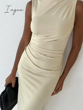 Ingvn - Tossy Pleated Sleeveless Slim Maxi Dress For Women Solid Fashion Elegant Party Gown