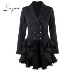 Ingvn - Trench Coat Women’s Aaymmetric Lace Hem Tops Steampunk Victorian Swallow Tail Double -