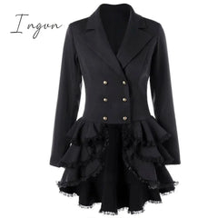 Ingvn - Trench Coat Women’s Aaymmetric Lace Hem Tops Steampunk Victorian Swallow Tail Double -