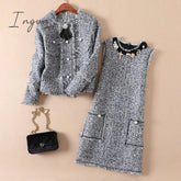 Ingvn - Trends 2023 High Quality Brand Dress Sweet Diamonds Bead Pink Robe Hiver Autumn Tweed