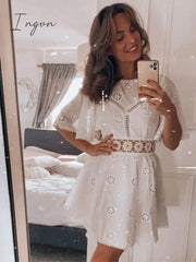 Ingvn - Trends Aproms Elegant White Floral Embroidery Cotton Dress Women Casual High Fashion