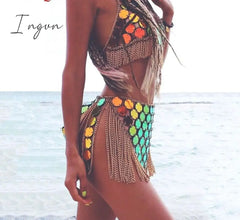 Ingvn - Trends Fashion Gradient Color Shiny Sequins Dots Two Piece Set Low Cut Backless Sleeveless