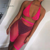Ingvn - Trends Fishnet Grid See Through Neon Outfits Bandage Low Cut Sexy Backless Crop Top High