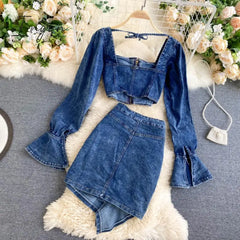 Ingvn - Trends High Quality Spring Autumn Two Piece Set Women Sexy Jeans 2 Long Sleeve Crop Tops