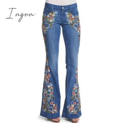 Ingvn - Trends Hot Sale Women Embroidered Bell Bottoms Skinny Jeans Floral Flared Ladies Spring