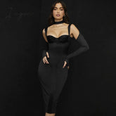Ingvn - Trends Long Sleeve Satin Party Midi Dresses For Women Elegant Cut Out Autumn Winter Chest