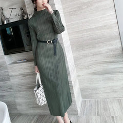 Ingvn - Trends Spring Winter Miyake Pleated Women Comfortable Dress Long Sleeve High Quality Korean