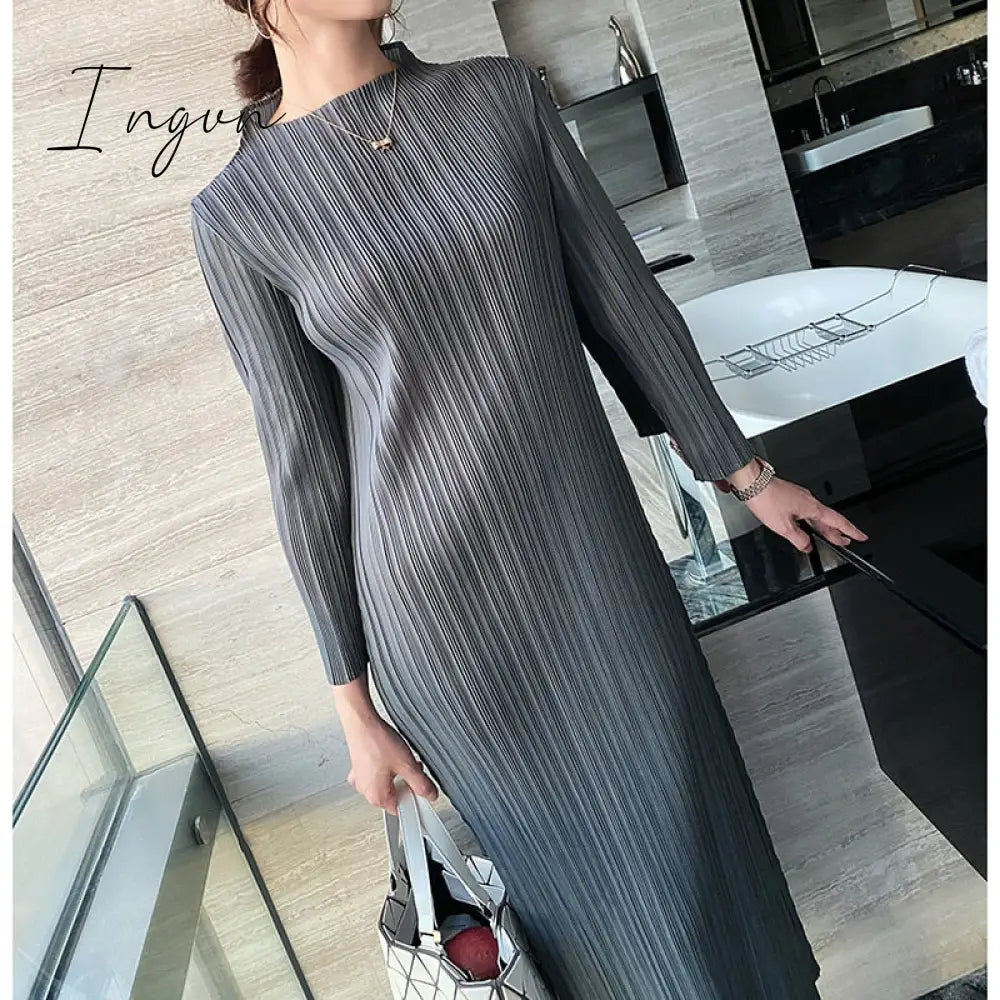 Ingvn - Trends Spring Winter Miyake Pleated Women Comfortable Dress Long Sleeve High Quality Korean