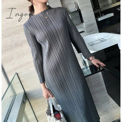 Ingvn - Trends Spring Winter Miyake Pleated Women Comfortable Dress Long Sleeve High Quality Korean