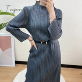 Ingvn - Trends Spring Winter Miyake Pleated Women Comfortable Dress Long Sleeve High Quality Korean