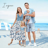 Ingvn - Trends Summer And Spring Mosaic Cotton Family Matching Floral Sets Flounce Dresses Denim