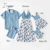 Ingvn - Trends Summer And Spring Mosaic Cotton Family Matching Floral Sets Flounce Dresses Denim