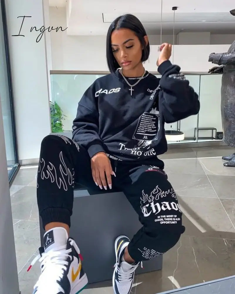 Ingvn - Trends Women Tracksuit 2 Piece Set Autumn Letter Print Oversized Hoodies Sweatshirt Joggers