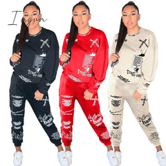 Ingvn - Trends Women Tracksuit 2 Piece Set Autumn Letter Print Oversized Hoodies Sweatshirt Joggers