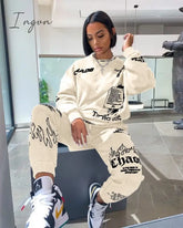 Ingvn - Trends Women Tracksuit 2 Piece Set Autumn Letter Print Oversized Hoodies Sweatshirt Joggers