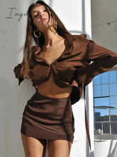 Ingvn - Turn - Down Collar Button Women Two Piece Set Brown Long Sleeve Top High Waist Skirt Autumn
