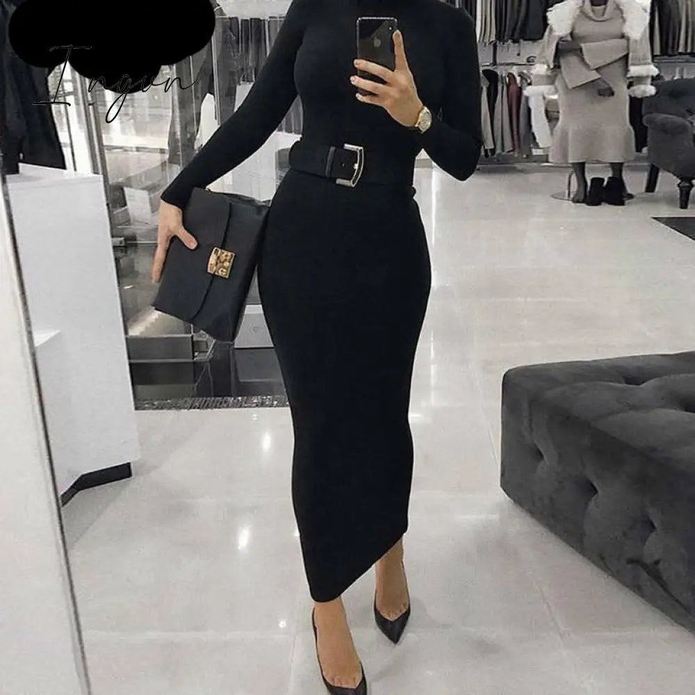 Ingvn - Turtleneck Long Dress Autumn Winter Muslim Elegant Office Lady Skinny Sleeve Bodycon Casual