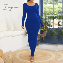 Ingvn - Turtleneck Long Dress Autumn Winter Muslim Elegant Office Lady Skinny Sleeve Bodycon Casual